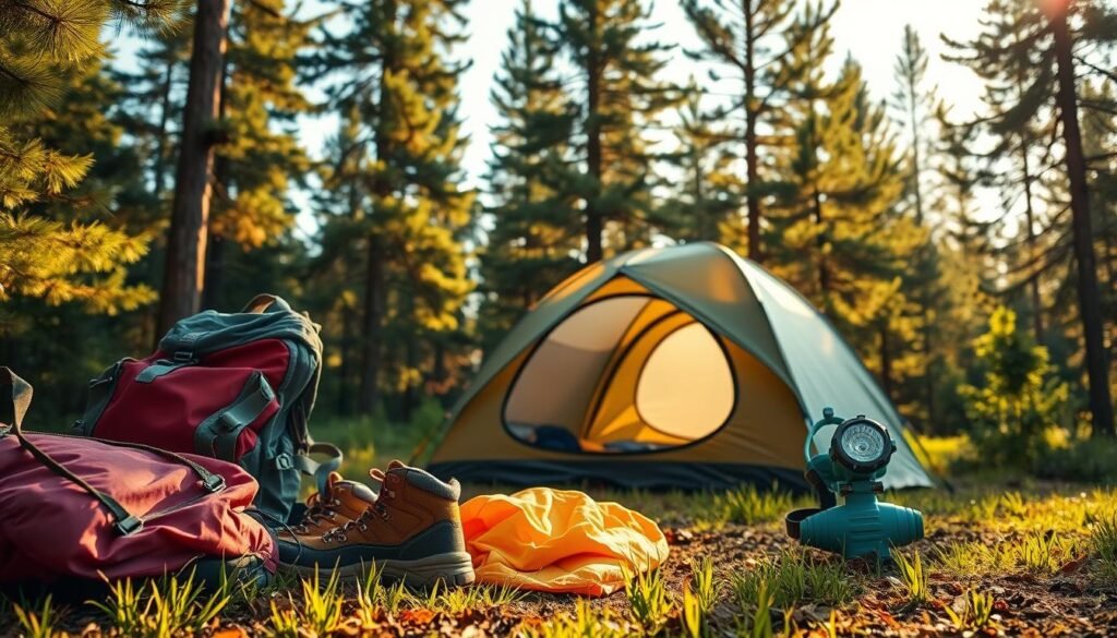 A cozy campsite nestled in a lush, verdant forest. In the foreground, an array of camping gear for young adventurers - a vibrant backpack, a sturdy pair of hiking boots, a colorful sleeping bag, and a whimsical headlamp. The middle ground features a compact two-person tent, its fabric gently rippling in a soft breeze. In the background, towering pine trees sway, creating a natural, inviting atmosphere. The scene is bathed in warm, golden sunlight, casting a welcoming glow over the entire setup. The image exudes a sense of exploration, wonder, and the simple joys of outdoor living.