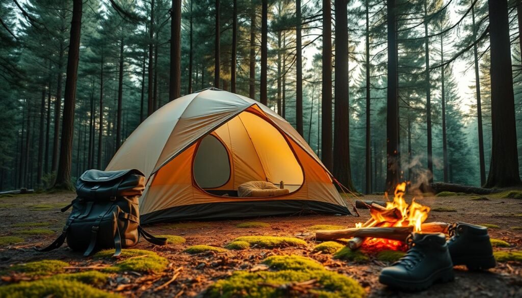 A cozy campsite nestled in a serene forest clearing, with a well-pitched dome tent at the center. The tent's fabric glistens softly under the warm, diffused sunlight filtering through the lush canopy of tall pine trees. The ground is covered in a layer of soft moss and pine needles, inviting a restful night's sleep. A campfire smolders nearby, casting a gentle glow and infusing the air with the comforting aroma of burning wood. In the foreground, a weathered backpack and hiking boots hint at the adventures that led to this peaceful retreat. The overall scene evokes a sense of tranquility and the joy of reconnecting with nature. A cozy campsite nestled in a serene forest clearing, with a well-pitched dome tent at the center. The tent's fabric glistens softly under the warm, diffused sunlight filtering through the lush canopy of tall pine trees. The ground is covered in a layer of soft moss and pine needles, inviting a restful night's sleep. A campfire smolders nearby, casting a gentle glow and infusing the air with the comforting aroma of burning wood. In the foreground, a weathered backpack and hiking boots hint at the adventures that led to this peaceful retreat. The overall scene evokes a sense of tranquility and the joy of reconnecting with nature.