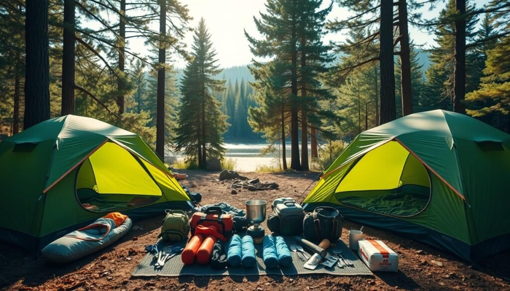 A cozy campsite nestled in a serene forest, with a pair of high-quality camping tents and a well-stocked gear arrangement in the foreground. Dappled sunlight filters through the canopy, casting a warm glow on the scene. In the middle ground, a neatly organized collection of essential camping equipment, including sleeping bags, a portable stove, cooking utensils, and a first-aid kit. In the background, towering pine trees and a glimpse of a tranquil lake or river, creating a peaceful, immersive outdoor atmosphere. The overall composition conveys a sense of preparedness and comfort, perfectly suited for an extended camping trip.