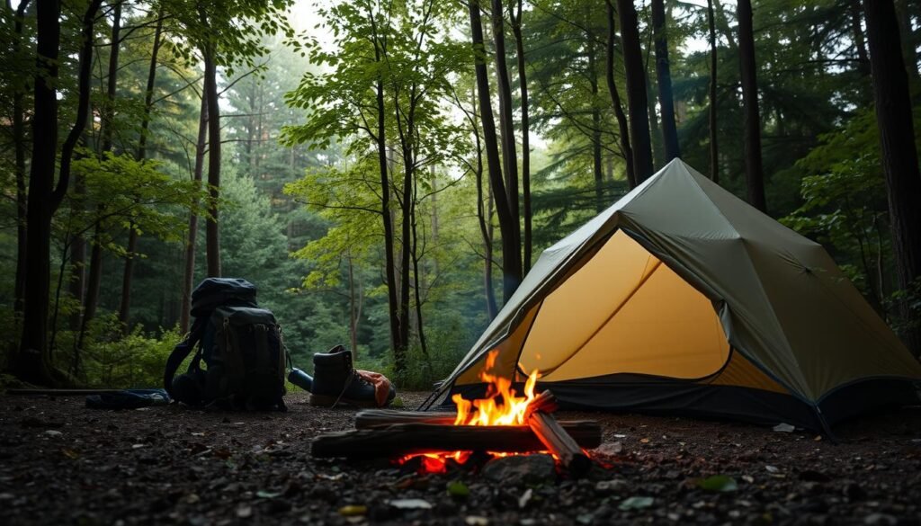 A cozy campsite nestled in a serene forest, with a warm campfire crackling in the foreground. Nearby, a sturdy tent stands ready, its fabric glowing softly in the muted sunlight that filters through the lush, verdant canopy. Carefully placed camping gear, including a backpack, sleeping bag, and hiking boots, are arranged with care, hinting at the upcoming outdoor adventure. The scene exudes a sense of preparation, anticipation, and the promise of an immersive, nature-filled experience. A cozy campsite nestled in a serene forest, with a warm campfire crackling in the foreground. Nearby, a sturdy tent stands ready, its fabric glowing softly in the muted sunlight that filters through the lush, verdant canopy. Carefully placed camping gear, including a backpack, sleeping bag, and hiking boots, are arranged with care, hinting at the upcoming outdoor adventure. The scene exudes a sense of preparation, anticipation, and the promise of an immersive, nature-filled experience.