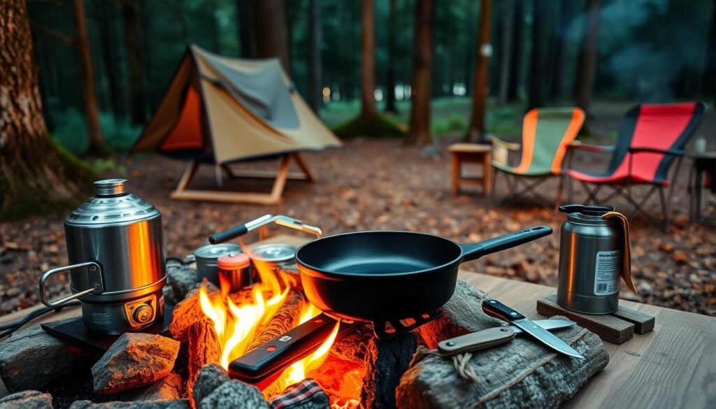 A cozy campsite nestled in a serene forest, with a well-equipped camp kitchen in the foreground. A sturdy cast-iron skillet sizzles over a crackling campfire, surrounded by a selection of essential cooking tools - a stainless steel camping cookset, a rugged propane stove, a trusty pocket knife, and a hanging mess kit. The warm glow of the fire illuminates the scene, casting a soft, inviting light across the camp table laden with fresh ingredients and utensils. In the background, a pair of camping chairs await the family, ready to enjoy the fruits of their culinary labors amidst the tranquil forest setting. A cozy campsite nestled in a serene forest, with a well-equipped camp kitchen in the foreground. A sturdy cast-iron skillet sizzles over a crackling campfire, surrounded by a selection of essential cooking tools - a stainless steel camping cookset, a rugged propane stove, a trusty pocket knife, and a hanging mess kit. The warm glow of the fire illuminates the scene, casting a soft, inviting light across the camp table laden with fresh ingredients and utensils. In the background, a pair of camping chairs await the family, ready to enjoy the fruits of their culinary labors amidst the tranquil forest setting.