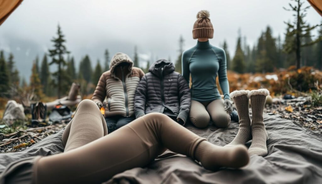 A cozy campsite nestled in a serene wilderness, with a neatly organized arrangement of essential base layers for comfort and warmth. In the foreground, a pair of thermal leggings and a long-sleeved merino wool top, their muted earthy tones blending seamlessly with the natural surroundings. In the middle ground, a lightweight down jacket and a moisture-wicking base layer top, their textures and silhouettes complementing each other. In the background, a pair of thick wool socks and a lightweight beanie, ready to keep the extremities toasty. The lighting is soft and diffused, creating a cozy and inviting atmosphere, while the camera angle captures the items in a clean, well-organized manner, showcasing their functionality and versatility for outdoor adventures. A cozy campsite nestled in a serene wilderness, with a neatly organized arrangement of essential base layers for comfort and warmth. In the foreground, a pair of thermal leggings and a long-sleeved merino wool top, their muted earthy tones blending seamlessly with the natural surroundings. In the middle ground, a lightweight down jacket and a moisture-wicking base layer top, their textures and silhouettes complementing each other. In the background, a pair of thick wool socks and a lightweight beanie, ready to keep the extremities toasty. The lighting is soft and diffused, creating a cozy and inviting atmosphere, while the camera angle captures the items in a clean, well-organized manner, showcasing their functionality and versatility for outdoor adventures.