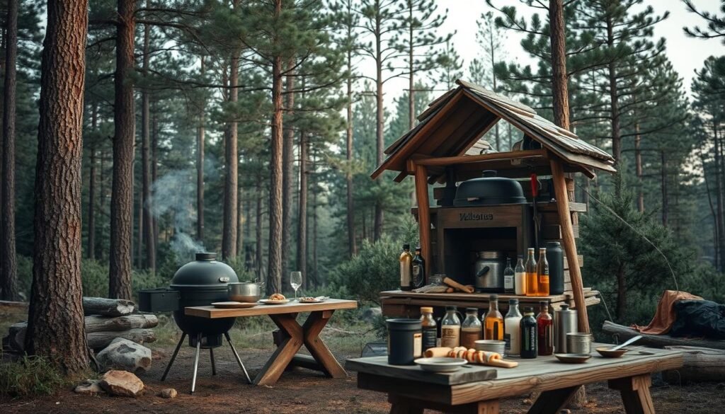 A cozy campsite nestled in the wilderness, a grill station standing tall amidst the natural surroundings. Rugged, weathered wood sheltering a charcoal grill, ready to sizzle and smoke. Nearby, a sturdy table holds an array of utensils, spices, and marinades, all within easy reach. Soft, warm lighting casts a welcoming glow, as if the campfire just died down. The background is a tapestry of towering pines, their shadows dancing across the scene. The air is crisp, carrying the scent of pine and the promise of a delicious meal to come. This is the perfect setting for a memorable outdoor cooking experience.