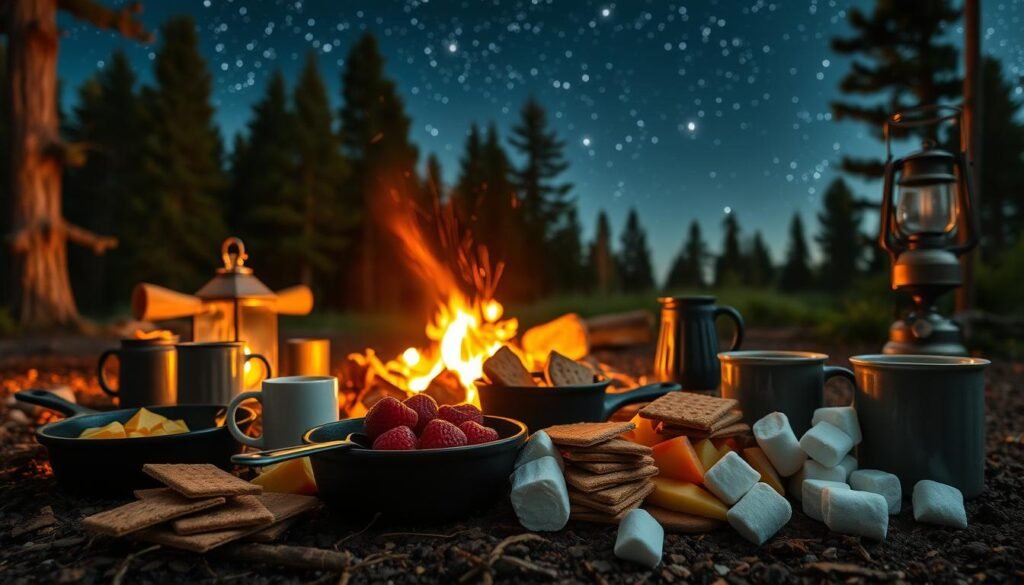 A cozy campsite under a starry night sky, the glow of a crackling fire illuminating a collection of cast-iron skillets, mugs, and utensils for crafting delectable camping desserts. In the foreground, an array of fresh seasonal fruits, graham crackers, chocolate bars, and marshmallows await transformation into s'mores, fruit cobblers, and other delightful treats. A vintage-style lantern casts a warm, inviting light, while the surrounding forest creates a serene, natural backdrop. The focus is on the essential tools and ingredients needed to create delicious, kid-friendly camping desserts, capturing the spirit of adventure and simplicity inherent in outdoor cooking. A cozy campsite under a starry night sky, the glow of a crackling fire illuminating a collection of cast-iron skillets, mugs, and utensils for crafting delectable camping desserts. In the foreground, an array of fresh seasonal fruits, graham crackers, chocolate bars, and marshmallows await transformation into s'mores, fruit cobblers, and other delightful treats. A vintage-style lantern casts a warm, inviting light, while the surrounding forest creates a serene, natural backdrop. The focus is on the essential tools and ingredients needed to create delicious, kid-friendly camping desserts, capturing the spirit of adventure and simplicity inherent in outdoor cooking.