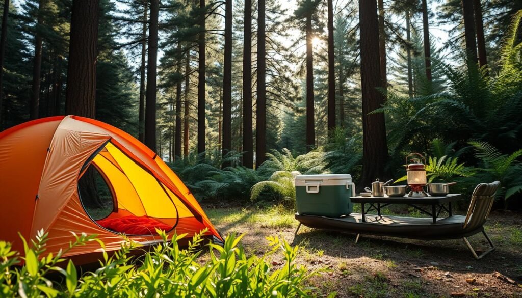 A cozy family camping scene in a forest glade, sunlight filtering through the lush canopy. In the foreground, a sturdy two-person dome tent with a vestibule, its bright orange fabric peeking through the verdant undergrowth. Next to it, a high-quality sleeping bag and self-inflating sleeping pad in earthy tones. In the middle ground, a compact camping stove and nested cookware set on a portable table, along with a cooler and a lantern casting a warm glow. In the background, tall pine trees and ferns create a serene, natural backdrop, hinting at the adventure and tranquility of the great outdoors. A cozy family camping scene in a forest glade, sunlight filtering through the lush canopy. In the foreground, a sturdy two-person dome tent with a vestibule, its bright orange fabric peeking through the verdant undergrowth. Next to it, a high-quality sleeping bag and self-inflating sleeping pad in earthy tones. In the middle ground, a compact camping stove and nested cookware set on a portable table, along with a cooler and a lantern casting a warm glow. In the background, tall pine trees and ferns create a serene, natural backdrop, hinting at the adventure and tranquility of the great outdoors.