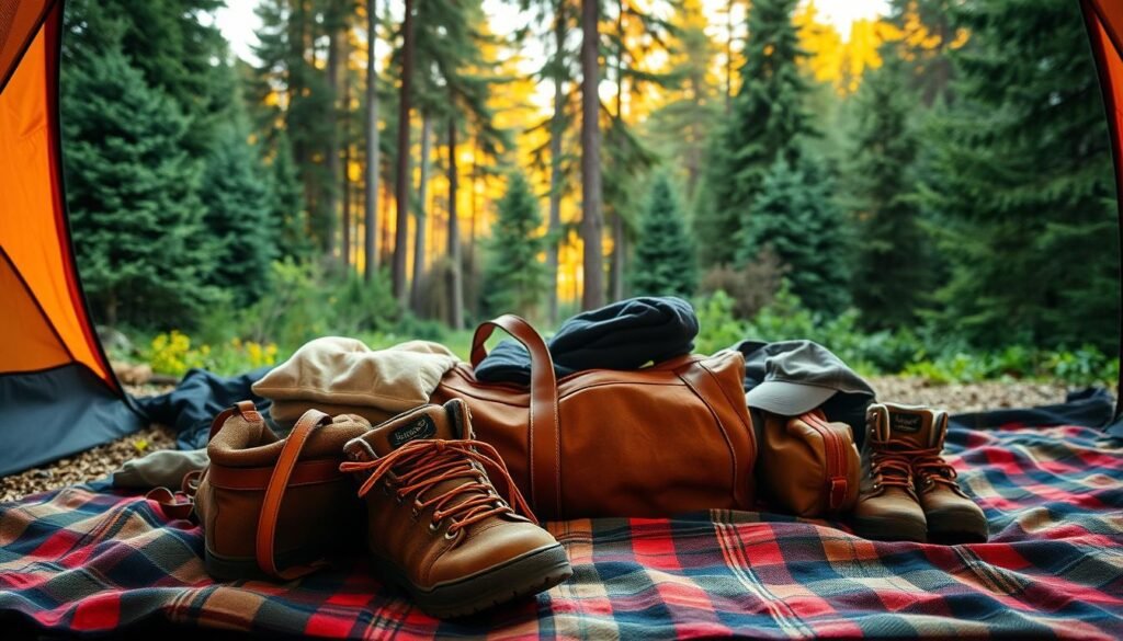 A cozy family camping scene with a middle-ground featuring a neatly organized collection of practical outdoor clothing and accessories. In the foreground, a worn leather duffel bag and sturdy hiking boots sit atop a plaid blanket. The background depicts a serene forest landscape with lush evergreen trees and warm, natural lighting filtering through the canopy. The overall atmosphere conveys a sense of adventure, comfort, and thoughtful preparation for an immersive outdoor excursion. A cozy family camping scene with a middle-ground featuring a neatly organized collection of practical outdoor clothing and accessories. In the foreground, a worn leather duffel bag and sturdy hiking boots sit atop a plaid blanket. The background depicts a serene forest landscape with lush evergreen trees and warm, natural lighting filtering through the canopy. The overall atmosphere conveys a sense of adventure, comfort, and thoughtful preparation for an immersive outdoor excursion.