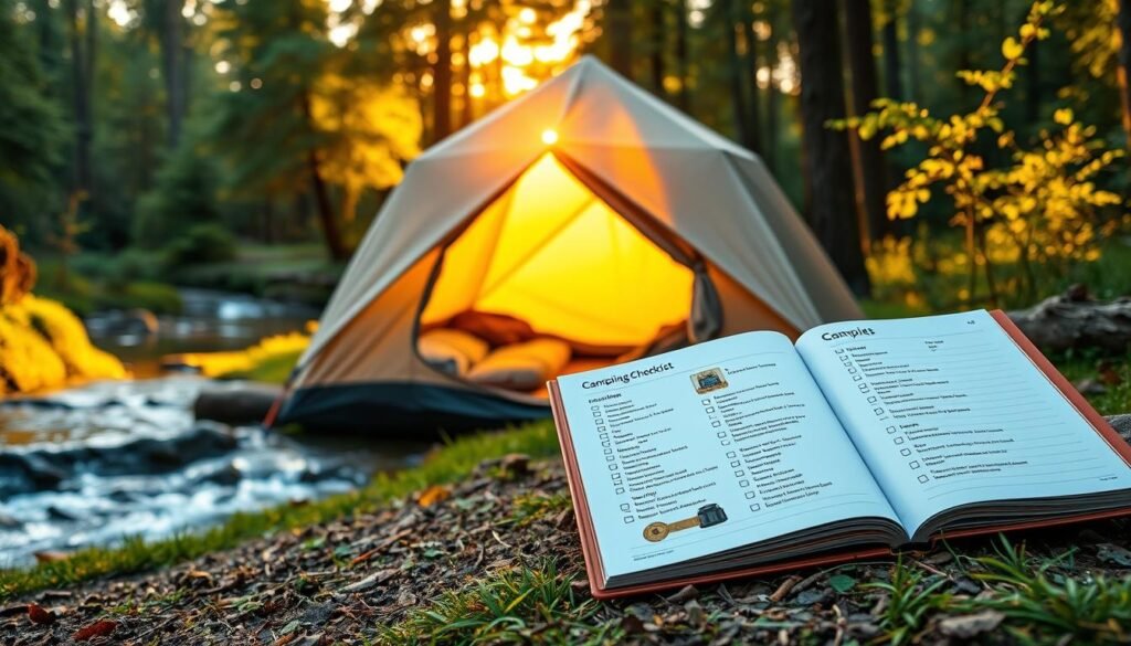 A cozy family tent nestled in a lush, verdant forest glade, with a picturesque stream trickling nearby. The tent's fabric glows softly under the warm, golden light of a setting sun, casting a gentle, inviting ambiance. In the foreground, a carefully curated camping checklist lays open, its items neatly arranged, showcasing the essential gear for a comfortable outdoor adventure – sleeping bags, camp stove, headlamps, and more. The scene evokes a sense of peaceful tranquility, hinting at the cherished memories waiting to be made on this family camping trip. A cozy family tent nestled in a lush, verdant forest glade, with a picturesque stream trickling nearby. The tent's fabric glows softly under the warm, golden light of a setting sun, casting a gentle, inviting ambiance. In the foreground, a carefully curated camping checklist lays open, its items neatly arranged, showcasing the essential gear for a comfortable outdoor adventure – sleeping bags, camp stove, headlamps, and more. The scene evokes a sense of peaceful tranquility, hinting at the cherished memories waiting to be made on this family camping trip.