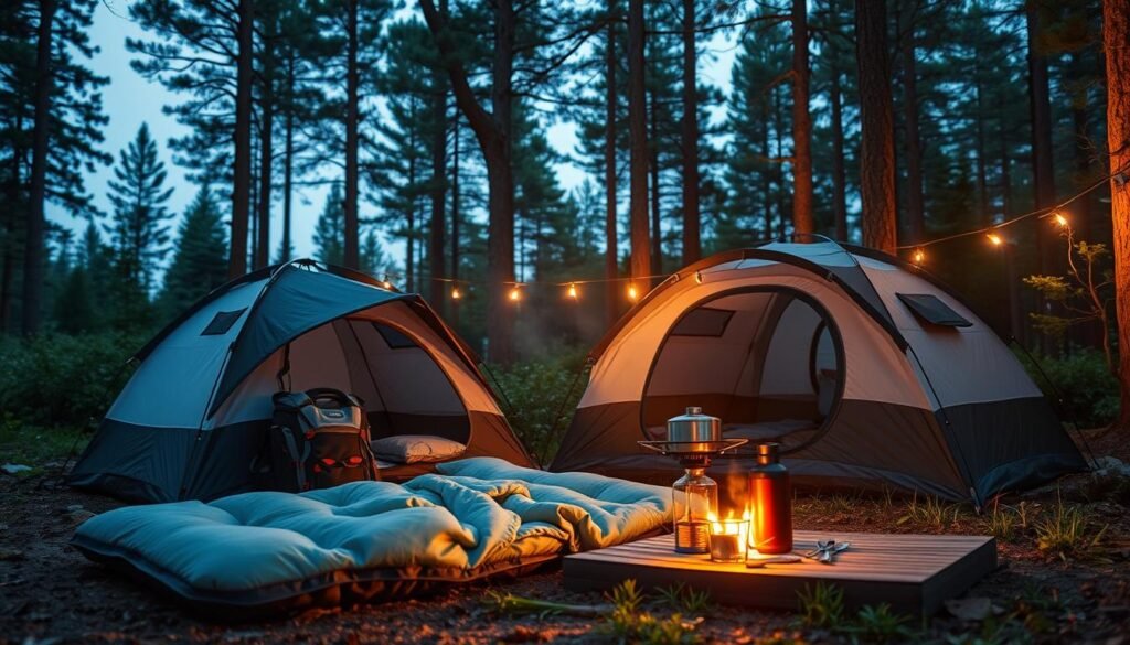 A cozy forest campsite at dusk, illuminated by a warm firelight. In the foreground, a collection of high-quality camping gear - a sturdy backpack, a compact two-person tent with a rain fly, a sleeping bag rated for cool weather, and a lightweight camping mattress. In the middle ground, a small camp table holds a portable camping stove, cooking utensils, and a thermos for hot drinks. Surrounding the campsite, lush greenery and towering pine trees create a serene, naturalistic atmosphere, perfect for a teenage adventurer's escapade. A cozy forest campsite at dusk, illuminated by a warm firelight. In the foreground, a collection of high-quality camping gear - a sturdy backpack, a compact two-person tent with a rain fly, a sleeping bag rated for cool weather, and a lightweight camping mattress. In the middle ground, a small camp table holds a portable camping stove, cooking utensils, and a thermos for hot drinks. Surrounding the campsite, lush greenery and towering pine trees create a serene, naturalistic atmosphere, perfect for a teenage adventurer's escapade.