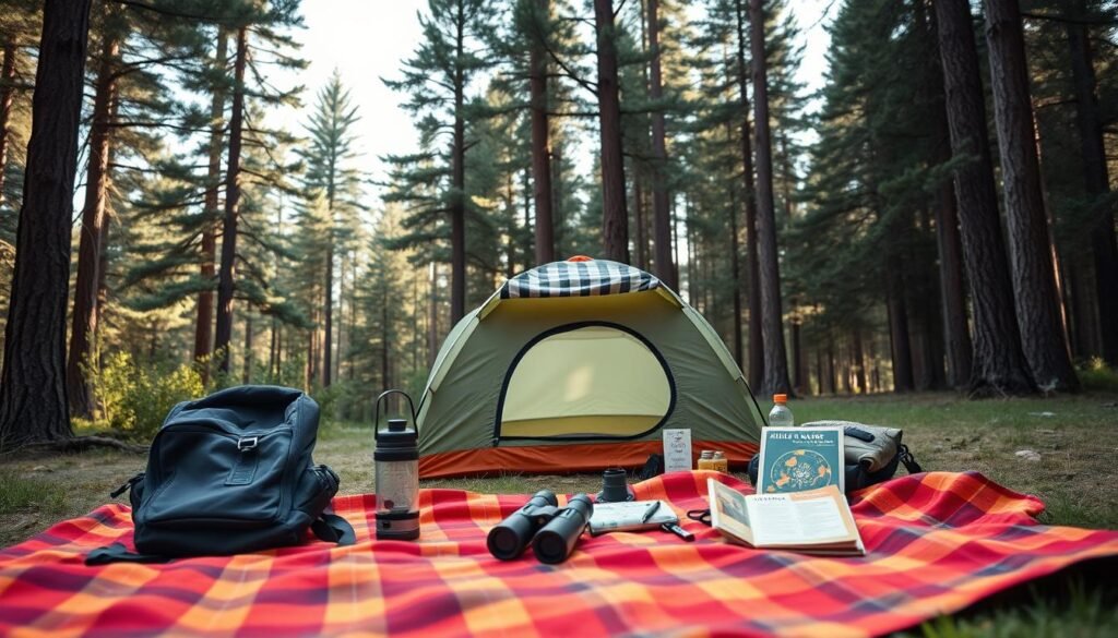A cozy, kid-friendly camping scene set in a lush forest clearing. In the foreground, a vibrant orange and red plaid blanket with a backpack, water bottle, and a small camping lantern. In the middle ground, a sage green compact tent with a striped awning, surrounded by a collection of camping essentials like a compass, binoculars, and a children's nature guidebook. The background features towering pine trees, with soft, diffused natural lighting filtering through the branches, creating a warm, inviting atmosphere. The overall mood evokes a sense of adventure, exploration, and family bonding in the great outdoors. A cozy, kid-friendly camping scene set in a lush forest clearing. In the foreground, a vibrant orange and red plaid blanket with a backpack, water bottle, and a small camping lantern. In the middle ground, a sage green compact tent with a striped awning, surrounded by a collection of camping essentials like a compass, binoculars, and a children's nature guidebook. The background features towering pine trees, with soft, diffused natural lighting filtering through the branches, creating a warm, inviting atmosphere. The overall mood evokes a sense of adventure, exploration, and family bonding in the great outdoors.