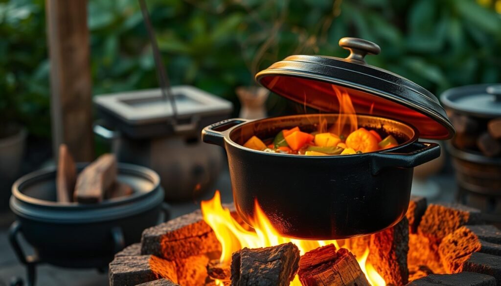 A cozy kitchen with a cast iron Dutch oven simmering on a rustic wood-burning stove. Warm, ambient lighting casts a golden glow, highlighting the rich, dark surface of the Dutch oven. Savory aromas of a long-simmered stew or roast waft through the air, creating an inviting, homey atmosphere. The Dutch oven takes center stage, its thick, heavy lid and sturdy handles showcasing its functional yet elegant design. The scene conveys the timeless appeal and versatility of this essential cooking tool, with its ability to braise, bake, and slow-cook a variety of dishes to perfection. A cozy kitchen with a cast iron Dutch oven simmering on a rustic wood-burning stove. Warm, ambient lighting casts a golden glow, highlighting the rich, dark surface of the Dutch oven. Savory aromas of a long-simmered stew or roast waft through the air, creating an inviting, homey atmosphere. The Dutch oven takes center stage, its thick, heavy lid and sturdy handles showcasing its functional yet elegant design. The scene conveys the timeless appeal and versatility of this essential cooking tool, with its ability to braise, bake, and slow-cook a variety of dishes to perfection.