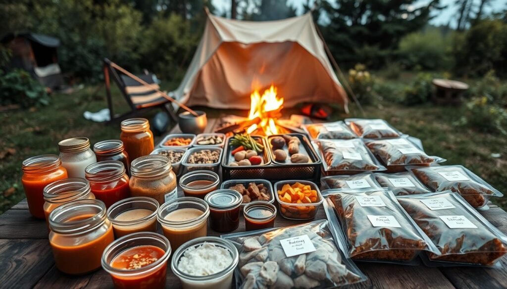 A cozy outdoor camping scene with an assortment of pre-prepared meals neatly arranged on a rustic wooden table. In the foreground, various containers and jars filled with homemade sauces, marinades, and side dishes. The middle ground showcases an array of vacuum-sealed meals, each labeled with their contents. In the background, a warm campfire casts a soft, inviting glow, with a canvas tent and lush greenery setting the peaceful, natural atmosphere. The lighting is soft and diffused, creating a serene, inviting mood. Capture this scene with a wide-angle lens to convey the tranquility of preparing delicious make-ahead camping meals in the great outdoors. A cozy outdoor camping scene with an assortment of pre-prepared meals neatly arranged on a rustic wooden table. In the foreground, various containers and jars filled with homemade sauces, marinades, and side dishes. The middle ground showcases an array of vacuum-sealed meals, each labeled with their contents. In the background, a warm campfire casts a soft, inviting glow, with a canvas tent and lush greenery setting the peaceful, natural atmosphere. The lighting is soft and diffused, creating a serene, inviting mood. Capture this scene with a wide-angle lens to convey the tranquility of preparing delicious make-ahead camping meals in the great outdoors.