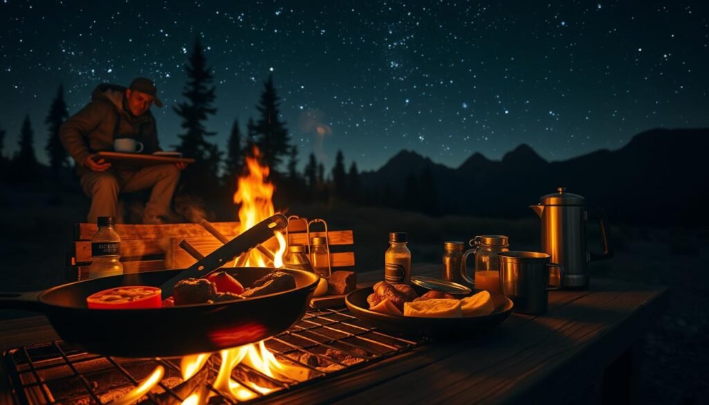 A cozy outdoor cooking scene under a starry night sky. In the foreground, a cast-iron skillet sizzles with freshly grilled meats and vegetables, their tantalizing aromas wafting through the air. Flickering flames from a crackling campfire cast a warm, golden glow on the setup, creating an inviting, rustic atmosphere. In the middle ground, a weathered wooden table holds an array of cooking utensils, seasonings, and a thermos of hot coffee. In the background, tall pines and rugged mountains rise up, silhouetted against the inky night. The scene evokes a sense of adventure, tranquility, and the simple pleasures of outdoor cooking under the stars.