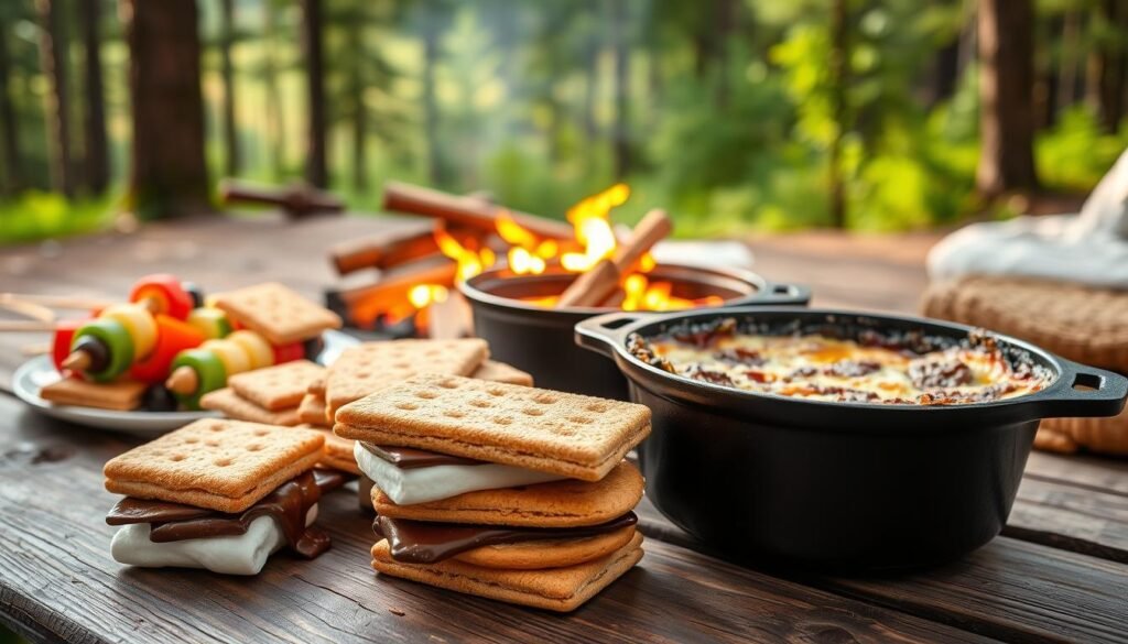 A cozy outdoor scene featuring a selection of kid-friendly camping treats, artfully arranged on a rustic wooden table. In the foreground, gooey s'mores with perfectly toasted marshmallows, chocolate, and graham crackers. Beside them, a plate of colorful fruit skewers and crisp, golden-brown campfire cookies. In the middle ground, a cast-iron dutch oven bubbling with a warm, fruity cobbler, its flaky crust dusted with powdered sugar. The background showcases a lush, verdant forest setting, with tall pine trees and a crackling fire pit, casting a warm, inviting glow. The scene is bathed in soft, natural lighting, creating a cozy, family-friendly atmosphere perfect for enjoying easy, delicious camping desserts. A cozy outdoor scene featuring a selection of kid-friendly camping treats, artfully arranged on a rustic wooden table. In the foreground, gooey s'mores with perfectly toasted marshmallows, chocolate, and graham crackers. Beside them, a plate of colorful fruit skewers and crisp, golden-brown campfire cookies. In the middle ground, a cast-iron dutch oven bubbling with a warm, fruity cobbler, its flaky crust dusted with powdered sugar. The background showcases a lush, verdant forest setting, with tall pine trees and a crackling fire pit, casting a warm, inviting glow. The scene is bathed in soft, natural lighting, creating a cozy, family-friendly atmosphere perfect for enjoying easy, delicious camping desserts.