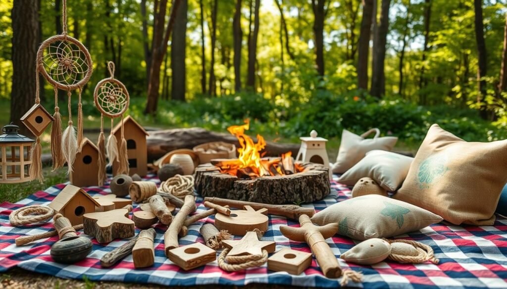 A cozy outdoor scene, showcasing an array of homemade camping crafts laid out on a checkered picnic blanket. In the foreground, a collection of rustic, handcrafted wood and twine decorations, such as dream catchers, birdhouses, and wind chimes. In the middle ground, a small campfire pit surrounded by DIY camping lanterns and a few simple sewing projects like pillows and tote bags. The background features a lush, verdant forest setting, with sunlight filtering through the trees, creating a warm, inviting atmosphere. The overall composition conveys a sense of practicality, creativity, and the joy of outdoor exploration.