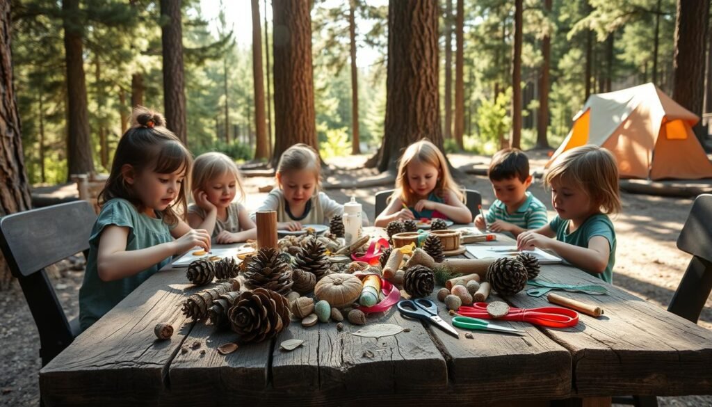 A cozy outdoor scene with a rustic wooden table, adorned with an assortment of pine cones, seeds, and natural materials. Sunlight filters through the trees, casting a warm glow on the scene. A group of children sit around the table, engaged in crafting projects, their faces full of concentration and delight. The table is scattered with craft supplies, including scissors, glue, and colorful ribbons, hinting at the creative activities taking place. In the background, a lush forest backdrop sets the stage, with towering pine trees and a glimpse of a nearby campsite. The overall atmosphere is one of peaceful exploration and hands-on learning, capturing the essence of a camping-themed craft session for kids.