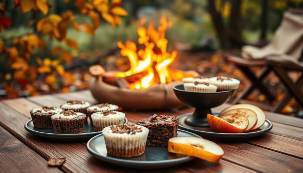 A cozy outdoor scene with an elegant wooden table set for a delectable camping dessert spread. Crisp autumn leaves and a warm campfire glow in the background, casting a soft, inviting light. On the table, an assortment of homemade treats - rich chocolate brownies, creamy no-bake cheesecake cups, and juicy baked apple slices with a hint of cinnamon. The focus is on the artfully arranged desserts, presenting an enticing preview of the delicious flavors to come. The overall atmosphere evokes a sense of rustic charm and the joy of preparing delightful camping treats in the comforts of home. A cozy outdoor scene with an elegant wooden table set for a delectable camping dessert spread. Crisp autumn leaves and a warm campfire glow in the background, casting a soft, inviting light. On the table, an assortment of homemade treats - rich chocolate brownies, creamy no-bake cheesecake cups, and juicy baked apple slices with a hint of cinnamon. The focus is on the artfully arranged desserts, presenting an enticing preview of the delicious flavors to come. The overall atmosphere evokes a sense of rustic charm and the joy of preparing delightful camping treats in the comforts of home.
