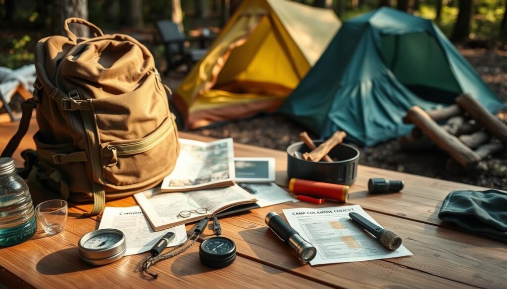 A cozy, rustic camping checklist laid out on a natural wood table, illuminated by soft natural lighting. In the foreground, an assortment of essential camping gear - a sturdy hiking backpack, a compass, a water bottle, and a pocket knife. In the middle ground, a map, a camping guidebook, and a flashlight. In the background, a tent, a sleeping bag, and a campfire pit with kindling. The overall atmosphere is one of preparation, adventure, and the great outdoors.