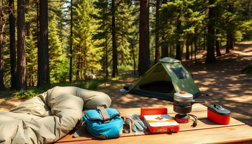 A cozy, sun-dappled campsite at the edge of a serene forest. In the foreground, a meticulously organized camping checklist, with essential gear neatly arranged on a wooden picnic table - weathered sleeping bags, a sturdy multi-purpose tent, a compact camp stove, and a well-stocked first-aid kit. The middle ground features a cluster of tall, verdant pine trees, their branches casting gentle shadows across the scene. In the distance, a glimpse of a winding hiking trail leading deeper into the wilderness. The overall atmosphere is one of preparedness, adventure, and the comforts of nature, perfectly capturing the essence of the &amp;amp;amp;quot;Shelter and Protection&amp;amp;amp;quot; section of the &amp;amp;amp;quot;Ultimate Camping Checklist for Kids.&amp;amp;amp;quot;