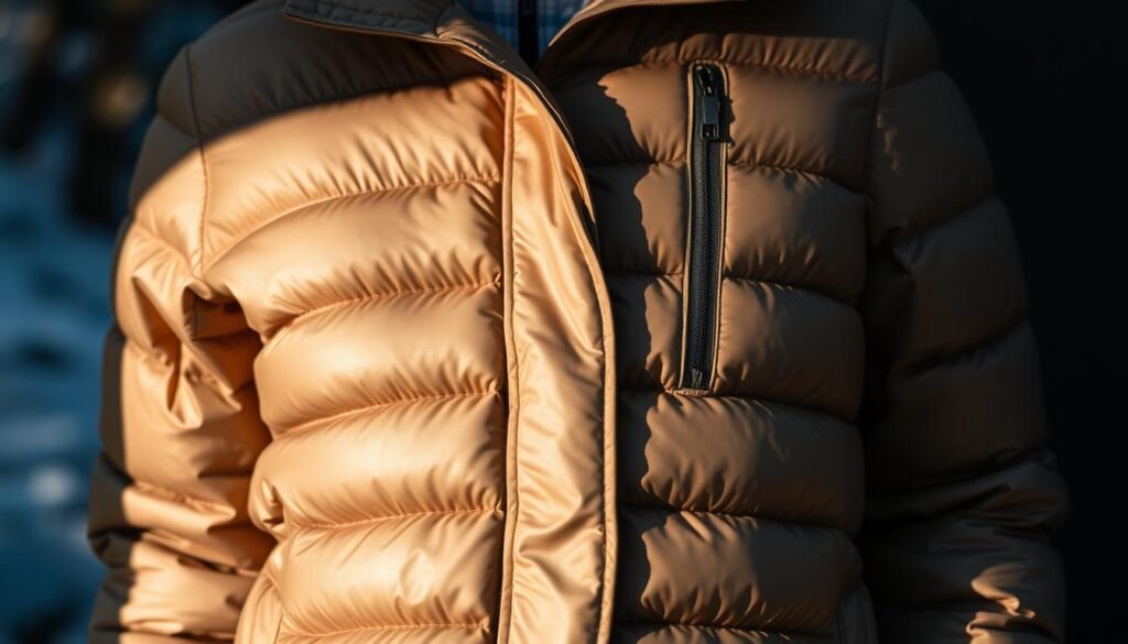 A cozy, well-insulated mid-layer jacket for chilly camping adventures. A sleek, puffer-style silhouette in a neutral, earthy tone, crafted from high-quality, water-resistant synthetic insulation. Detailed stitching and thoughtful design elements like zippered pockets and a cinched waist create a functional, yet stylish look. The jacket is illuminated by soft, diffused natural lighting, captured from a medium-range angle to highlight the textural details and insulation. The background is blurred, placing the focus squarely on the practical, versatile mid-layer garment against an uncluttered setting, perfect for showcasing in a camping gear roundup. A cozy, well-insulated mid-layer jacket for chilly camping adventures. A sleek, puffer-style silhouette in a neutral, earthy tone, crafted from high-quality, water-resistant synthetic insulation. Detailed stitching and thoughtful design elements like zippered pockets and a cinched waist create a functional, yet stylish look. The jacket is illuminated by soft, diffused natural lighting, captured from a medium-range angle to highlight the textural details and insulation. The background is blurred, placing the focus squarely on the practical, versatile mid-layer garment against an uncluttered setting, perfect for showcasing in a camping gear roundup.