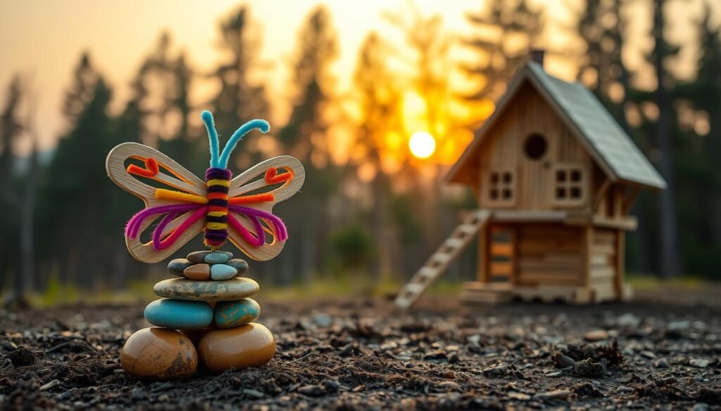 A cozy woodland scene filled with delightful woodland animal crafts. In the foreground, a playful raccoon sculpted from wood and felt, perched atop a stack of colorful painted stones. In the middle ground, a fuzzy plush owl nestled in a woven nest, surrounded by beaded and yarn-wrapped twigs. In the background, a serene forest backdrop with silhouettes of trees and a hint of a sunset sky, illuminating the scene with a warm, natural glow. The overall atmosphere is one of whimsical creativity and rustic charm, perfect for inspiring young crafters.