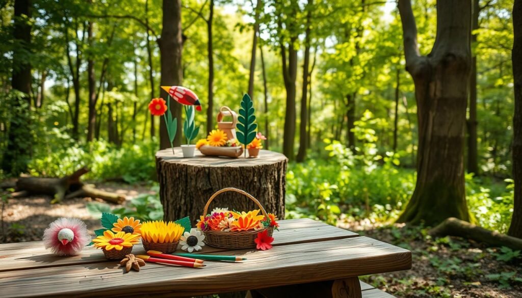 A cozy woodland scene, where nature-inspired crafts come to life. In the foreground, intricately woven baskets and handcrafted wooden figurines sit atop a mossy log. In the middle ground, delicate flower crowns and leaf-patterned wall hangings are displayed on a weathered tree stump. The background is a lush forest, with dappled sunlight filtering through the canopy, casting a warm, earthy glow. The scene exudes a sense of rustic charm and simple, homespun beauty, perfectly capturing the essence of nature-inspired camping crafts.