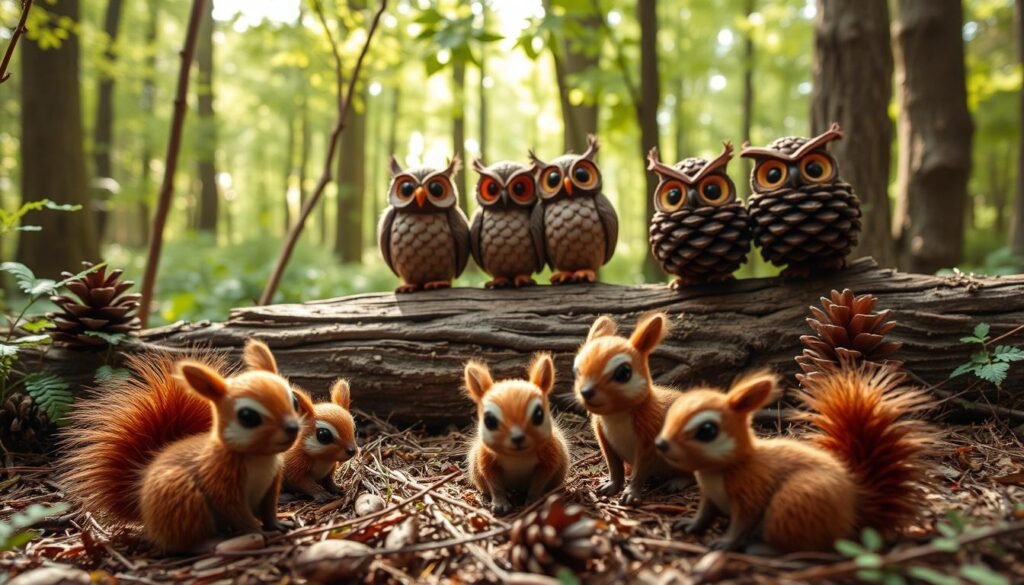 A cozy woodland scene with a group of playful pinecone creatures nestled among the undergrowth. In the foreground, a family of curious squirrels crafted from pinecones, their fluffy tails and detailed features bringing them to life. In the middle ground, a cluster of pinecone owls perched on a fallen log, their large eyes and serene expressions conveying a sense of whimsical enchantment. The background features a lush forest backdrop, dappled with soft natural lighting filtering through the canopy of verdant trees. The overall atmosphere is one of warmth, wonder, and the charming artistry of handmade pinecone crafts.