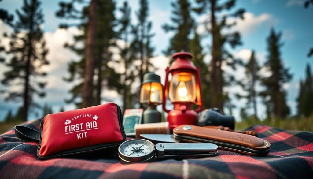 A detailed camping safety checklist set against a serene forest backdrop. In the foreground, a compact first aid kit, a weathered compass, and a sturdy pocket knife rest on a plaid blanket. The middle ground features a lantern, a box of matches, and a whistle, all neatly arranged. In the background, towering pines frame a cloudless sky, creating a tranquil and secure atmosphere. Soft, natural lighting illuminates the scene, capturing the essential gear for a safe and prepared outdoor adventure. The image conveys a sense of preparedness and the importance of being equipped for unexpected situations while camping. A detailed camping safety checklist set against a serene forest backdrop. In the foreground, a compact first aid kit, a weathered compass, and a sturdy pocket knife rest on a plaid blanket. The middle ground features a lantern, a box of matches, and a whistle, all neatly arranged. In the background, towering pines frame a cloudless sky, creating a tranquil and secure atmosphere. Soft, natural lighting illuminates the scene, capturing the essential gear for a safe and prepared outdoor adventure. The image conveys a sense of preparedness and the importance of being equipped for unexpected situations while camping.