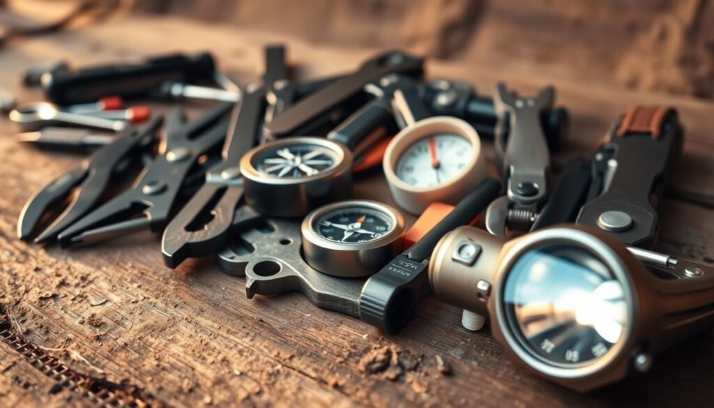 A detailed close-up of an assortment of essential camping tools and repair items arranged on a rugged wooden surface. The foreground features a collection of sturdy multitools, pliers, screwdrivers, and a tactical flashlight with a beam of warm, natural light illuminating the scene. In the middle ground, a compass, duct tape, and a survival whistle create a practical yet visually appealing composition. The background is a muted, earthy tone that emphasizes the utilitarian nature of the gear. The overall mood is one of preparedness and self-reliance, capturing the spirit of the "Essential Tools and Repair Items" section of the camping checklist. A detailed close-up of an assortment of essential camping tools and repair items arranged on a rugged wooden surface. The foreground features a collection of sturdy multitools, pliers, screwdrivers, and a tactical flashlight with a beam of warm, natural light illuminating the scene. In the middle ground, a compass, duct tape, and a survival whistle create a practical yet visually appealing composition. The background is a muted, earthy tone that emphasizes the utilitarian nature of the gear. The overall mood is one of preparedness and self-reliance, capturing the spirit of the "Essential Tools and Repair Items" section of the camping checklist.