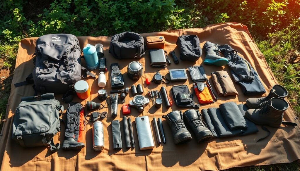 A detailed, meticulously organized outdoor camping gear checklist laid out on a rugged canvas tarp. Sunlit outdoor scene with lush greenery in the background, suggesting a peaceful forest campsite. An assortment of essential gear neatly arranged, including a durable hiking backpack, water filter, camping stove, headlamps, and weatherproof jackets and boots. Emphasis on quality, durable equipment for optimal weather protection and comfort during family adventures. Warm, natural lighting casts gentle shadows, creating a sense of tranquility and preparedness. High-resolution, photorealistic style. A detailed, meticulously organized outdoor camping gear checklist laid out on a rugged canvas tarp. Sunlit outdoor scene with lush greenery in the background, suggesting a peaceful forest campsite. An assortment of essential gear neatly arranged, including a durable hiking backpack, water filter, camping stove, headlamps, and weatherproof jackets and boots. Emphasis on quality, durable equipment for optimal weather protection and comfort during family adventures. Warm, natural lighting casts gentle shadows, creating a sense of tranquility and preparedness. High-resolution, photorealistic style.