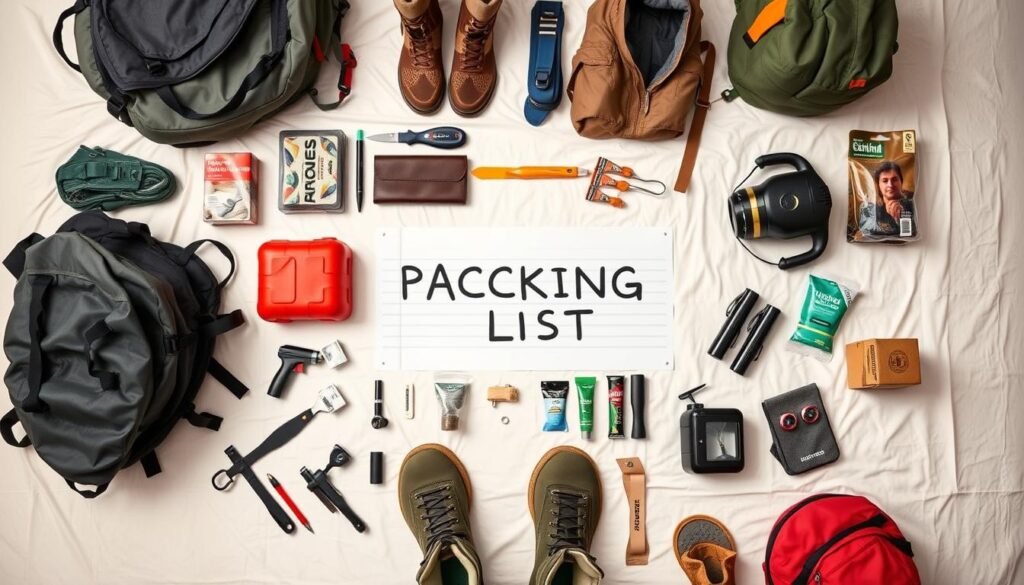 A detailed overhead view of a neatly organized camping packing list for two people, against a soft pastel background. The items are carefully arranged, with various camping gear, cooking supplies, and outdoor essentials spread out on a crisp, white surface. The lighting is natural and diffused, creating a warm, inviting atmosphere. The composition emphasizes the practicality and thoughtfulness of the packing list, with a focus on the essential items needed for a comfortable and well-prepared camping trip.