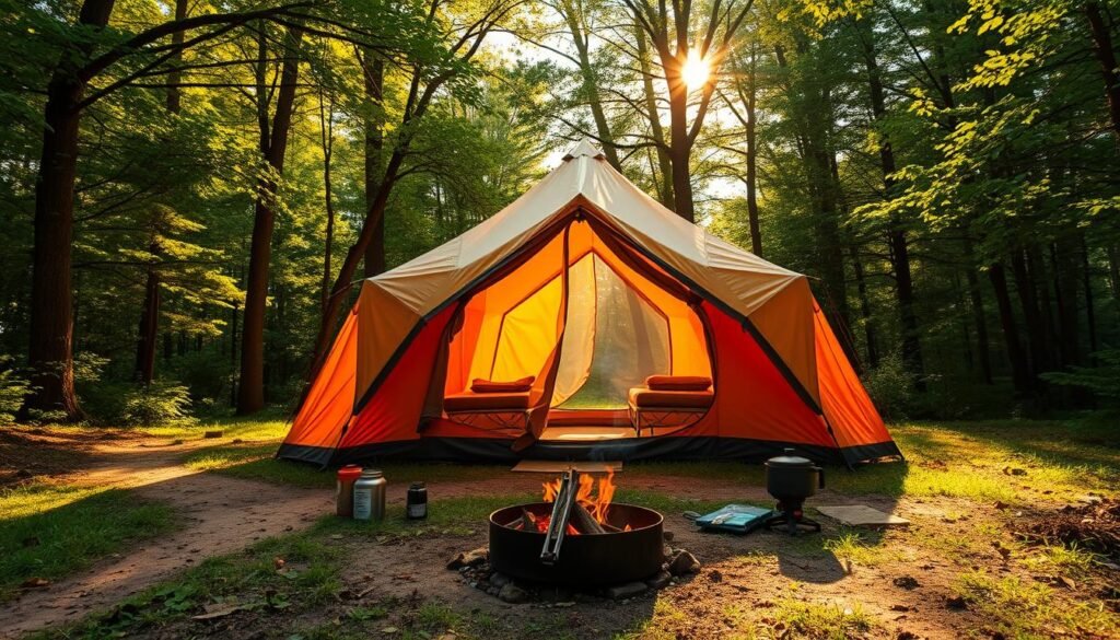 A family-sized camping tent set up in a lush, verdant forest clearing. Warm, golden sunlight filters through the tree canopy, casting a cozy glow over the scene. The tent's fabric panels are a rich, earthy tone, blending seamlessly with the surrounding foliage. A well-worn path leads to the tent's entrance, hinting at previous adventures. In the foreground, a small campfire pit smolders, its embers casting flickering shadows. Nearby, a simple camp stove and cooking supplies suggest a self-sufficient setup. The overall atmosphere evokes a sense of tranquility, inviting the viewer to imagine the peaceful moments that could unfold within this peaceful outdoor sanctuary. A family-sized camping tent set up in a lush, verdant forest clearing. Warm, golden sunlight filters through the tree canopy, casting a cozy glow over the scene. The tent's fabric panels are a rich, earthy tone, blending seamlessly with the surrounding foliage. A well-worn path leads to the tent's entrance, hinting at previous adventures. In the foreground, a small campfire pit smolders, its embers casting flickering shadows. Nearby, a simple camp stove and cooking supplies suggest a self-sufficient setup. The overall atmosphere evokes a sense of tranquility, inviting the viewer to imagine the peaceful moments that could unfold within this peaceful outdoor sanctuary.