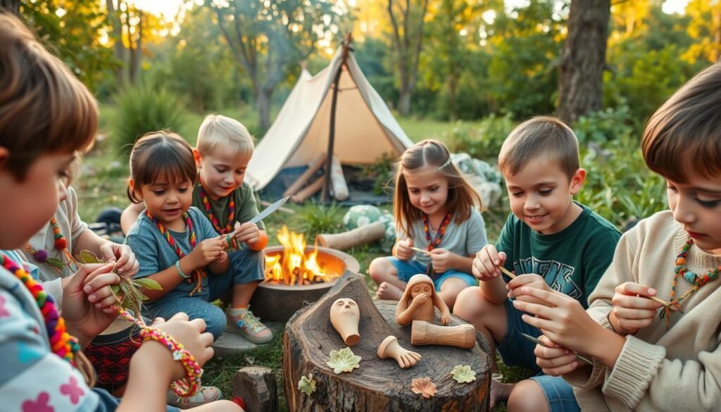 A group of children engaged in various camping crafts in a lush outdoor setting. In the foreground, they are meticulously weaving colorful bracelets and necklaces from natural materials like leaves, twigs, and flowers. In the middle ground, they are carefully carving wooden figurines with small knives, their faces filled with concentration. In the background, a serene campfire crackles, and a makeshift shelter stands, suggesting the integration of survival skills. The scene is bathed in warm, golden light, creating a cozy, inviting atmosphere. The children's expressions convey a sense of pride and accomplishment as they develop their outdoor craft abilities.