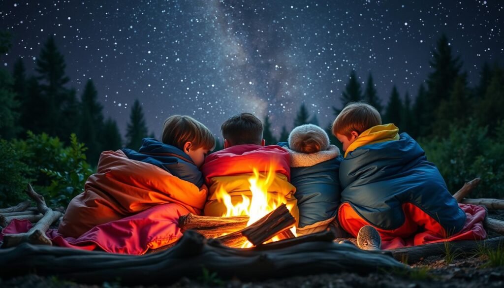 A group of children snuggled in vibrant, cozy sleeping bags, nestled around a crackling campfire under a starry night sky. Soft, warm light emanates from the fire, casting a gentle glow on the peaceful, content faces of the young adventurers. Lush, verdant foliage and weathered logs create a natural, rustic backdrop, transporting the viewer to a serene, tranquil wilderness setting. The scene evokes a sense of security, comfort, and the wonder of childhood experiences in the great outdoors.