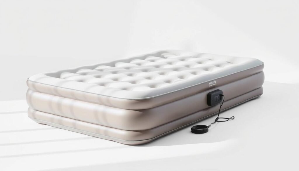 A high-quality air mattress with a built-in electric pump, set against a plain white backdrop with soft, natural lighting. The mattress is plump and inviting, with a smooth, durable surface and well-defined contours. The pump, neatly integrated into the side of the mattress, is prominently featured, showcasing its user-friendly design and ease of use. The overall image conveys a sense of comfort, quality, and practicality, making it an appealing choice for a restful night's sleep. A high-quality air mattress with a built-in electric pump, set against a plain white backdrop with soft, natural lighting. The mattress is plump and inviting, with a smooth, durable surface and well-defined contours. The pump, neatly integrated into the side of the mattress, is prominently featured, showcasing its user-friendly design and ease of use. The overall image conveys a sense of comfort, quality, and practicality, making it an appealing choice for a restful night's sleep.