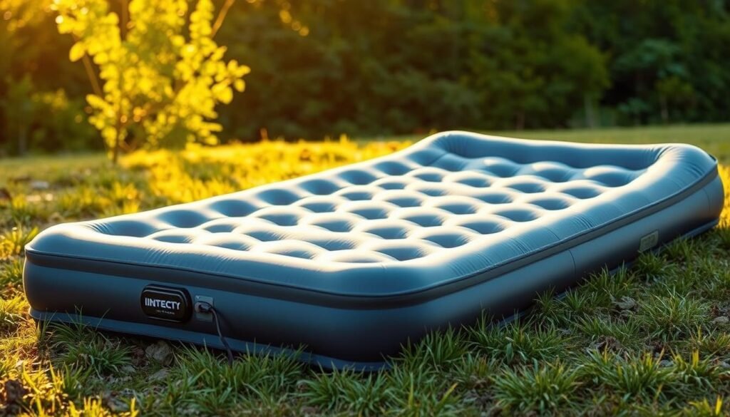 A high-quality air mattress with built-in electric pump, suitable for camping and outdoor adventures. The mattress is inflated, lying on a grassy field with lush green foliage in the background, bathed in warm, golden hour sunlight. The mattress is made of a durable, puncture-resistant material with a ribbed texture, showcasing its sturdy construction. The electric pump is visible, allowing for easy and efficient inflation. The overall scene conveys a sense of comfort, relaxation, and the great outdoors, perfectly illustrating the essential features to look for in a camping air mattress. A high-quality air mattress with built-in electric pump, suitable for camping and outdoor adventures. The mattress is inflated, lying on a grassy field with lush green foliage in the background, bathed in warm, golden hour sunlight. The mattress is made of a durable, puncture-resistant material with a ribbed texture, showcasing its sturdy construction. The electric pump is visible, allowing for easy and efficient inflation. The overall scene conveys a sense of comfort, relaxation, and the great outdoors, perfectly illustrating the essential features to look for in a camping air mattress.