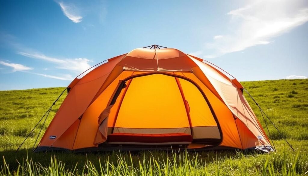 A large, sturdy Coleman Sundome 6-Person Dome Tent, standing prominently in a grassy, sun-dappled meadow. The tent's durable polyester exterior gleams in the warm natural light, complemented by its spacious, high-ceiling design. In the foreground, the tent's generously proportioned interior is visible, with ample room for camping gear and a cozy seating area. Surrounding the tent, the lush, verdant landscape stretches out, with a few wispy clouds drifting overhead, conveying a sense of tranquility and adventure. The overall composition highlights the tent's impressive size, quality construction, and suitability for family camping trips. A large, sturdy Coleman Sundome 6-Person Dome Tent, standing prominently in a grassy, sun-dappled meadow. The tent's durable polyester exterior gleams in the warm natural light, complemented by its spacious, high-ceiling design. In the foreground, the tent's generously proportioned interior is visible, with ample room for camping gear and a cozy seating area. Surrounding the tent, the lush, verdant landscape stretches out, with a few wispy clouds drifting overhead, conveying a sense of tranquility and adventure. The overall composition highlights the tent's impressive size, quality construction, and suitability for family camping trips.