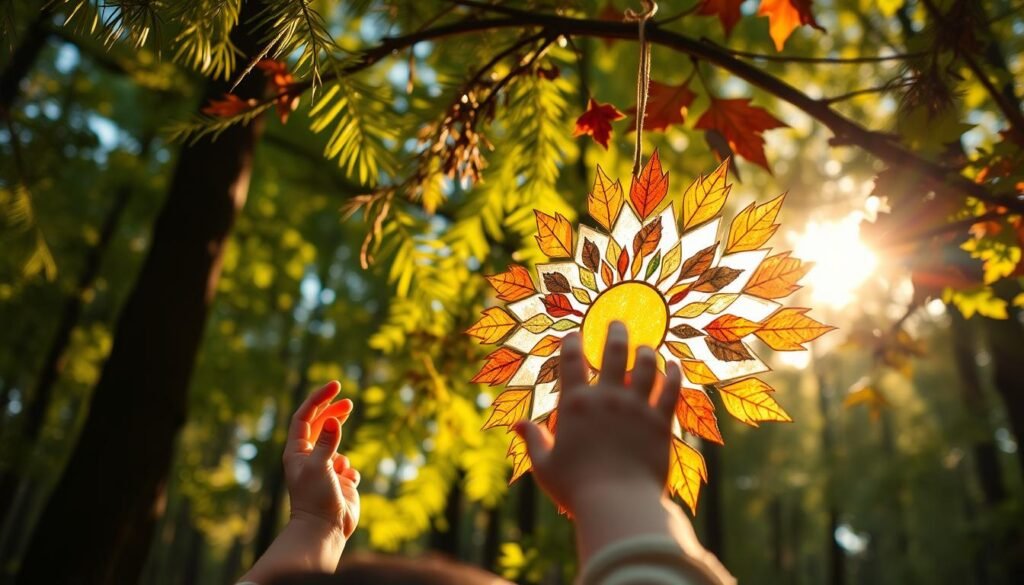 A lush forest canopy filters warm, golden sunlight onto a mosaic of natural treasures - fragrant pine needles, delicate ferns, and vibrant autumn leaves. In the foreground, a child's hands carefully arrange these found objects into a radiant sun-shaped suncatcher, its intricate patterns casting a mesmerizing glow. The serene scene is captured with a shallow depth of field, drawing the viewer's eye to the child's focus and creativity. Soft, diffused lighting accentuates the organic textures and colors, evoking a sense of peaceful exploration and connection with the natural world.