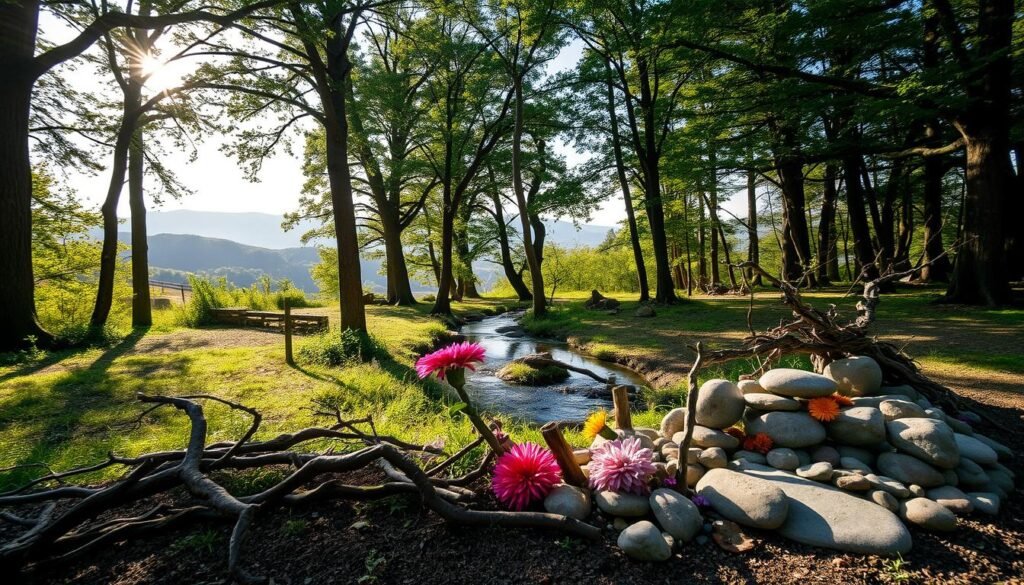 A lush, sun-dappled forest clearing, with towering trees framing the scene. In the foreground, a collection of natural materials - gnarled branches, vibrant flowers, and smooth river stones - have been carefully arranged into a captivating outdoor art installation. The play of light and shadow creates a warm, inviting atmosphere, with soft diffused lighting illuminating the organic shapes and textures. In the middle ground, a winding creek meanders through the scene, its gentle ripples reflecting the surrounding foliage. The background features rolling hills and a distant horizon, creating a sense of depth and tranquility. The overall composition evokes a harmonious blend of nature and human creativity, inspiring a connection to the natural world.