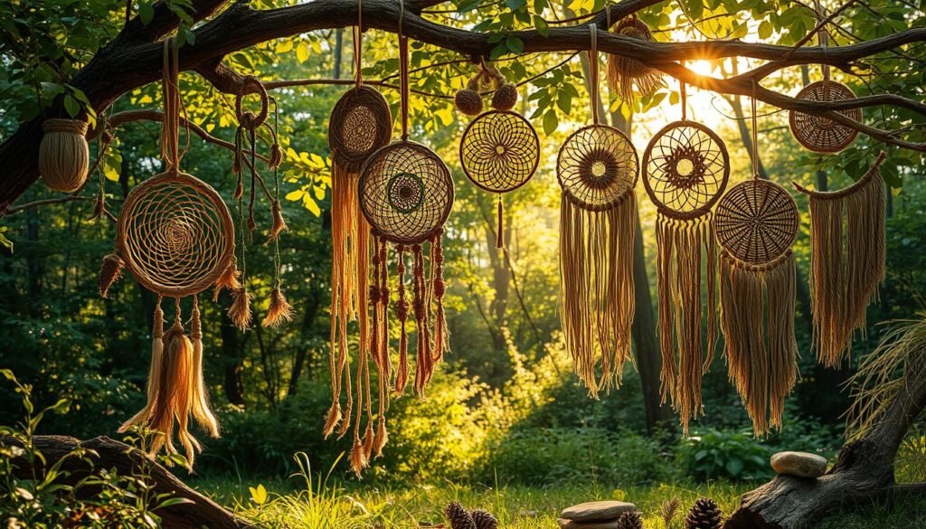 A lush, verdant forest clearing bathed in warm, golden sunlight. Intricate weavings and textural crafts made from natural materials - twigs, leaves, flowers, grasses - adorn the scene. Delicate woven baskets, dreamcatchers, and wall hangings hang from tree branches, their intricate patterns and earthy tones in harmony with the surrounding nature. Smooth river stones, pinecones, and driftwood accents add tactile interest. The overall atmosphere is serene, organic, and inviting, reflecting the beauty and tranquility of the great outdoors.