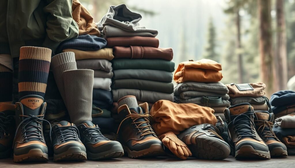 A meticulously organized array of practical outdoor gear and apparel for the modern camping enthusiast. In the foreground, a collection of high-quality hiking boots, thermal socks, and rugged cargo pants in earthy tones, illuminated by soft, diffused natural light. In the middle ground, a neatly folded stack of moisture-wicking base layers, weatherproof jackets, and insulated gloves. The background gently fades into a serene forest scene, hinting at the destinations these clothes are destined to explore. Captured with a medium-format camera lens, the image conveys a sense of adventure, functionality, and attention to detail that encapsulates the "Camping Checklist Clothes: The Complete Guide." A meticulously organized array of practical outdoor gear and apparel for the modern camping enthusiast. In the foreground, a collection of high-quality hiking boots, thermal socks, and rugged cargo pants in earthy tones, illuminated by soft, diffused natural light. In the middle ground, a neatly folded stack of moisture-wicking base layers, weatherproof jackets, and insulated gloves. The background gently fades into a serene forest scene, hinting at the destinations these clothes are destined to explore. Captured with a medium-format camera lens, the image conveys a sense of adventure, functionality, and attention to detail that encapsulates the "Camping Checklist Clothes: The Complete Guide."