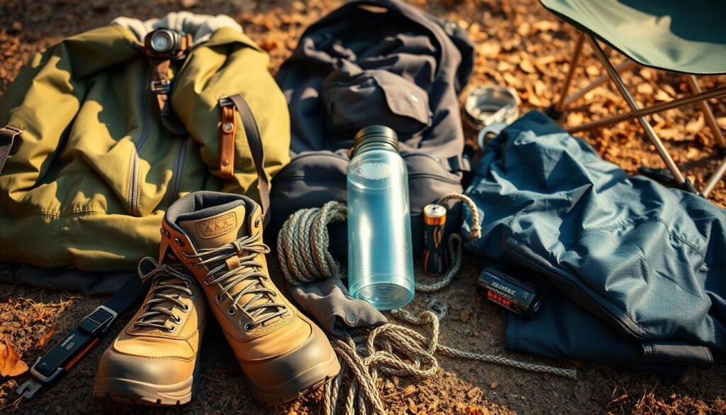 A neatly arranged collection of essential camping gear for teenagers, lit by warm, natural lighting and captured from a high-angle perspective. In the foreground, a sturdy pair of hiking boots, a water-resistant jacket, and a headlamp with fresh batteries. In the middle ground, a compact backpack, a reusable water bottle, and a coil of paracord. In the background, a lightweight sleeping bag, a folding camp chair, and a compact multi-tool. The overall scene conveys a sense of preparedness and adventure, suitable for the "Weather-Ready Clothing Essentials" section of the article. A neatly arranged collection of essential camping gear for teenagers, lit by warm, natural lighting and captured from a high-angle perspective. In the foreground, a sturdy pair of hiking boots, a water-resistant jacket, and a headlamp with fresh batteries. In the middle ground, a compact backpack, a reusable water bottle, and a coil of paracord. In the background, a lightweight sleeping bag, a folding camp chair, and a compact multi-tool. The overall scene conveys a sense of preparedness and adventure, suitable for the "Weather-Ready Clothing Essentials" section of the article.