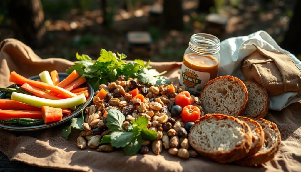 A neatly arranged spread of hearty no-cook camping meals, including a platter of fresh vegetables, a selection of dried fruits and nuts, a jar of nut butter, and slices of crusty bread. Soft, diffused natural lighting filters through the trees, casting a warm, earthy glow over the scene. The composition is balanced and inviting, capturing the simplicity and convenience of these portable, nutritious options for fueling busy days in the great outdoors. A neatly arranged spread of hearty no-cook camping meals, including a platter of fresh vegetables, a selection of dried fruits and nuts, a jar of nut butter, and slices of crusty bread. Soft, diffused natural lighting filters through the trees, casting a warm, earthy glow over the scene. The composition is balanced and inviting, capturing the simplicity and convenience of these portable, nutritious options for fueling busy days in the great outdoors.
