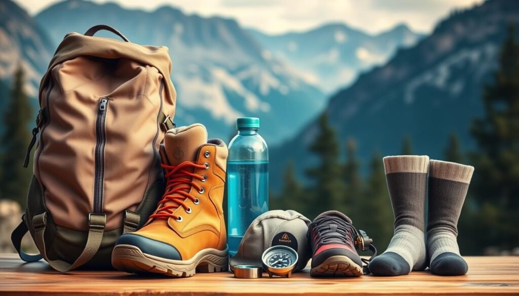 A neatly organized backpacking checklist, showcasing essential clothing and gear for outdoor adventures. In the foreground, a neutral-toned backpack, hiking boots, and a cozy fleece jacket are prominently displayed. In the middle ground, a compass, water bottle, and technical hiking socks are arranged. The background features a serene mountain landscape with pine trees, conveying a sense of tranquility and adventure. The lighting is soft and natural, highlighting the textures and details of the items. The overall mood is one of preparedness and anticipation for an immersive outdoor experience. A neatly organized backpacking checklist, showcasing essential clothing and gear for outdoor adventures. In the foreground, a neutral-toned backpack, hiking boots, and a cozy fleece jacket are prominently displayed. In the middle ground, a compass, water bottle, and technical hiking socks are arranged. The background features a serene mountain landscape with pine trees, conveying a sense of tranquility and adventure. The lighting is soft and natural, highlighting the textures and details of the items. The overall mood is one of preparedness and anticipation for an immersive outdoor experience.