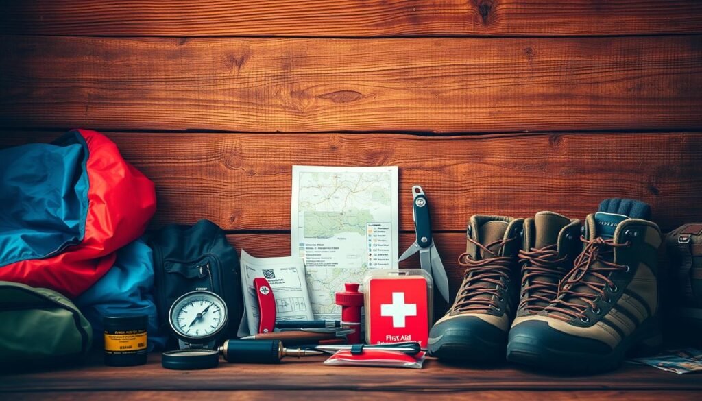 A neatly organized camping checklist against a rustic wooden background, illuminated by warm, natural lighting. The foreground features various camping essentials such as a compass, flashlight, sleeping bag, and hiking boots, arranged in a visually appealing layout. The middle ground showcases a map, a pocket knife, and a first-aid kit, while the background subtly suggests a serene, forested environment with hints of greenery. The overall mood is one of adventure, preparation, and the excitement of embarking on a family camping trip. A neatly organized camping checklist against a rustic wooden background, illuminated by warm, natural lighting. The foreground features various camping essentials such as a compass, flashlight, sleeping bag, and hiking boots, arranged in a visually appealing layout. The middle ground showcases a map, a pocket knife, and a first-aid kit, while the background subtly suggests a serene, forested environment with hints of greenery. The overall mood is one of adventure, preparation, and the excitement of embarking on a family camping trip.