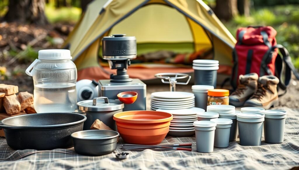 A neatly organized camping checklist for kids, illuminated by soft, natural lighting. In the foreground, a collection of essential camp cooking items - a cast-iron skillet, a mess kit, and a collapsible water container. The middle ground features a compact camping stove, a stack of durable plates and cups, and a small cooler. In the background, a tent, a pair of hiking boots, and a backpack suggest the adventurous outdoor setting. The overall scene conveys a sense of preparedness and self-reliance, perfect for a family camping trip. A neatly organized camping checklist for kids, illuminated by soft, natural lighting. In the foreground, a collection of essential camp cooking items - a cast-iron skillet, a mess kit, and a collapsible water container. The middle ground features a compact camping stove, a stack of durable plates and cups, and a small cooler. In the background, a tent, a pair of hiking boots, and a backpack suggest the adventurous outdoor setting. The overall scene conveys a sense of preparedness and self-reliance, perfect for a family camping trip.