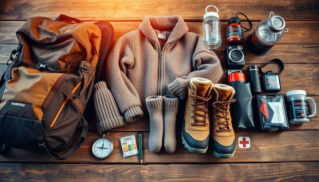 A neatly organized collection of essential camping accessories arranged on a rustic wooden surface, illuminated by warm, natural lighting. In the foreground, a hiking backpack, a compass, and a pair of sturdy hiking boots. In the middle ground, a cozy fleece jacket, a beanie, and a pair of wool socks. In the background, a set of water bottles, a camping stove, and a small first-aid kit. The overall scene conveys a sense of preparedness and the excitement of an upcoming outdoor adventure. A neatly organized collection of essential camping accessories arranged on a rustic wooden surface, illuminated by warm, natural lighting. In the foreground, a hiking backpack, a compass, and a pair of sturdy hiking boots. In the middle ground, a cozy fleece jacket, a beanie, and a pair of wool socks. In the background, a set of water bottles, a camping stove, and a small first-aid kit. The overall scene conveys a sense of preparedness and the excitement of an upcoming outdoor adventure.