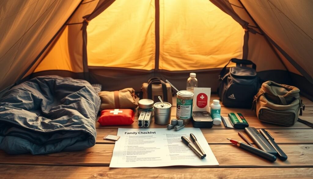 A neatly organized family camping checklist laid out on a wooden table, illuminated by soft, natural light filtering through a canvas tent in the background. The checklist features various essential camping items such as a sleeping bag, camping stove, first-aid kit, and outdoor gear arranged in a visually appealing manner. The overall scene conveys a sense of preparation, organization, and the excitement of embarking on a family outdoor adventure. A neatly organized family camping checklist laid out on a wooden table, illuminated by soft, natural light filtering through a canvas tent in the background. The checklist features various essential camping items such as a sleeping bag, camping stove, first-aid kit, and outdoor gear arranged in a visually appealing manner. The overall scene conveys a sense of preparation, organization, and the excitement of embarking on a family outdoor adventure.