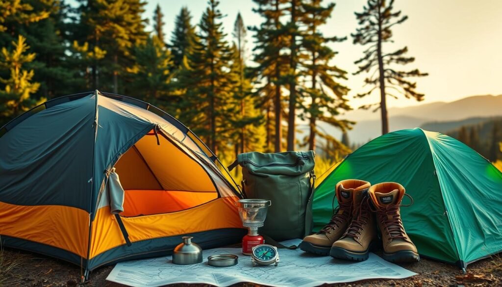 A neatly organized grid of essential camping gear for two adventurers, illuminated by warm, natural lighting. In the foreground, a high-quality tent, sleeping bags, and camping stove set against a backdrop of lush, verdant forest. In the middle ground, a sturdy backpack, hiking boots, and a compass resting on a detailed topographic map. In the background, silhouettes of tall pine trees and a distant mountain range, conveying a sense of tranquility and the great outdoors. The overall composition exudes a rugged, yet inviting atmosphere, perfectly capturing the spirit of a camping trip for two. add 2 pairs of shoes, not 1.