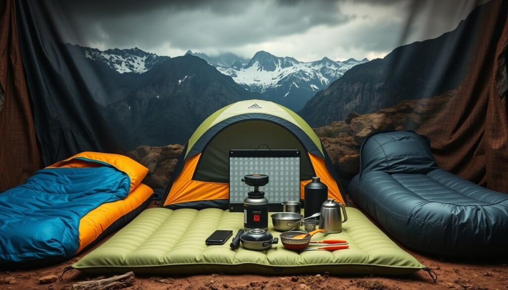 A neatly organized outdoor gear display set against a rustic, earthy backdrop. In the foreground, a sturdy tent, sleeping bags, and inflatable mattresses are carefully arranged. In the middle ground, a compact camping stove, cookware, and utensils are grouped together. The background features a scenic mountain landscape with a moody, atmospheric lighting, creating a sense of adventure and tranquility. The overall composition conveys a thoughtful, practical approach to packing for a camping trip for two.