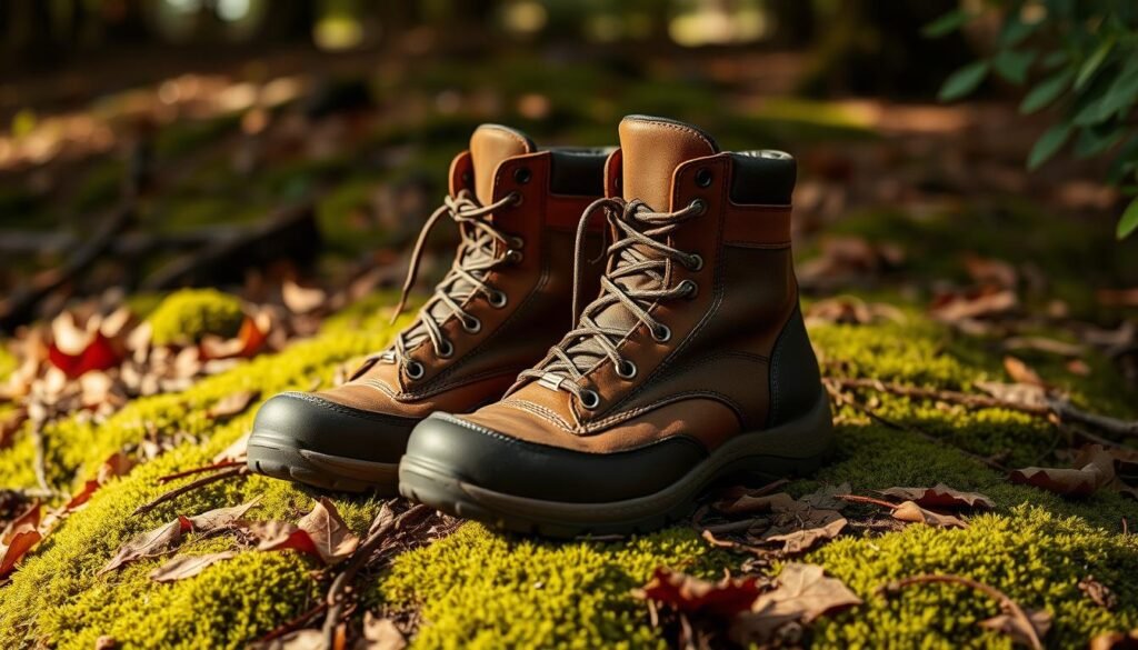 A pair of well-worn, rugged hiking boots sit atop a mossy forest floor, surrounded by fallen leaves and twigs. The boots are constructed from durable leather, with sturdy soles that grip the uneven terrain. Subtle details like reinforced stitching and metal eyelets add to their functional aesthetic. Warm, natural lighting filters through the canopy, casting a soft glow on the boots and the earthy, verdant environment. The scene evokes a sense of adventure, exploration, and a connection to the great outdoors, capturing the essence of "Footwear Essentials for Happy Hiking." A pair of well-worn, rugged hiking boots sit atop a mossy forest floor, surrounded by fallen leaves and twigs. The boots are constructed from durable leather, with sturdy soles that grip the uneven terrain. Subtle details like reinforced stitching and metal eyelets add to their functional aesthetic. Warm, natural lighting filters through the canopy, casting a soft glow on the boots and the earthy, verdant environment. The scene evokes a sense of adventure, exploration, and a connection to the great outdoors, capturing the essence of "Footwear Essentials for Happy Hiking."
